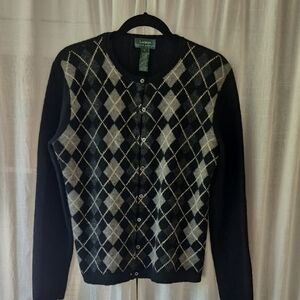Lauren Ralph Lauren Black Gray Argyle Cardigan SWEATER lambswool 100%